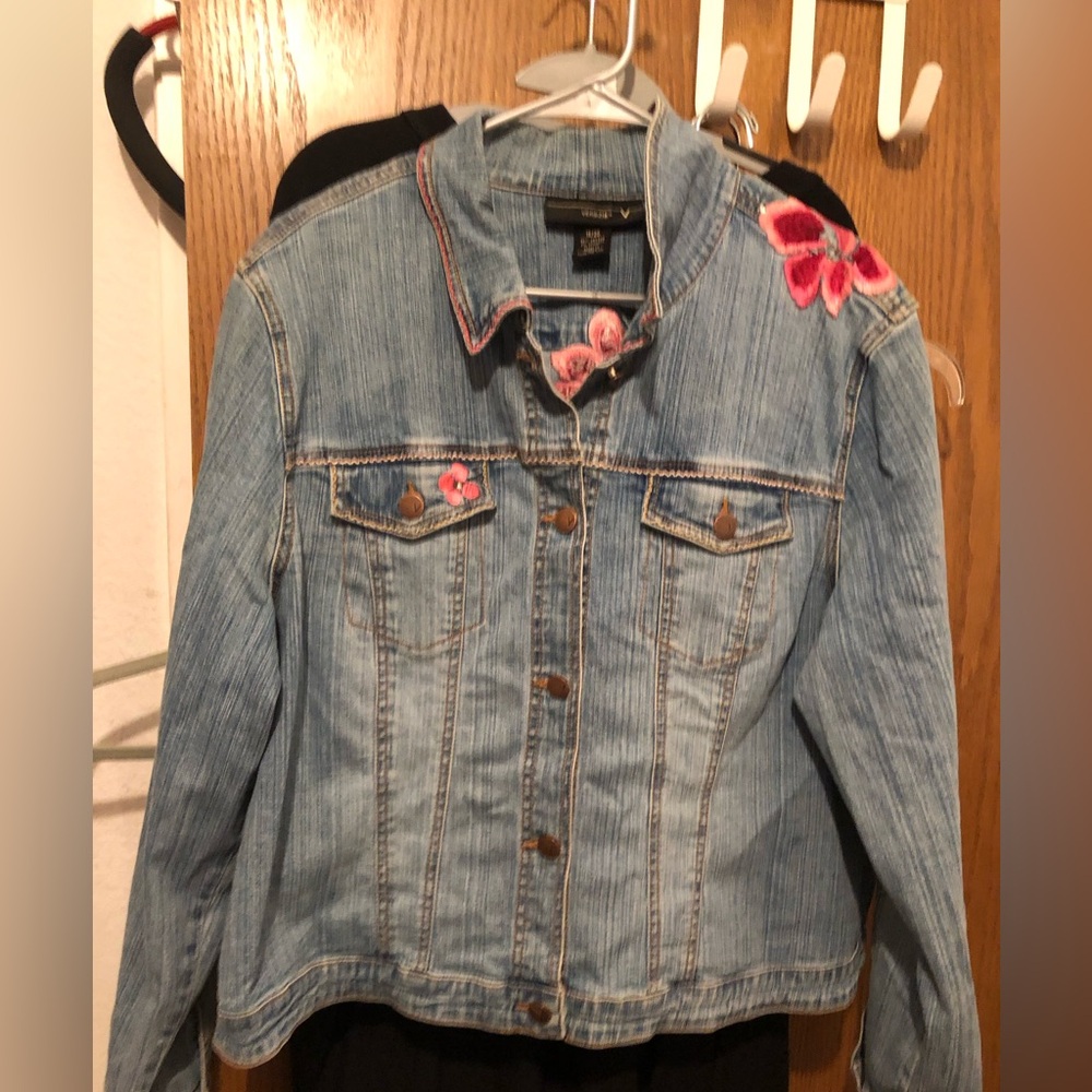 Venezia Blue Denim Jacket with Pink Lilly Embroidery- 51A $40 or $35 w/offer